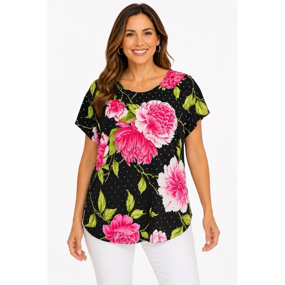 Dressbarn XL Black Pink Floral Polka Dot Stretch Short Sleeve Blouse